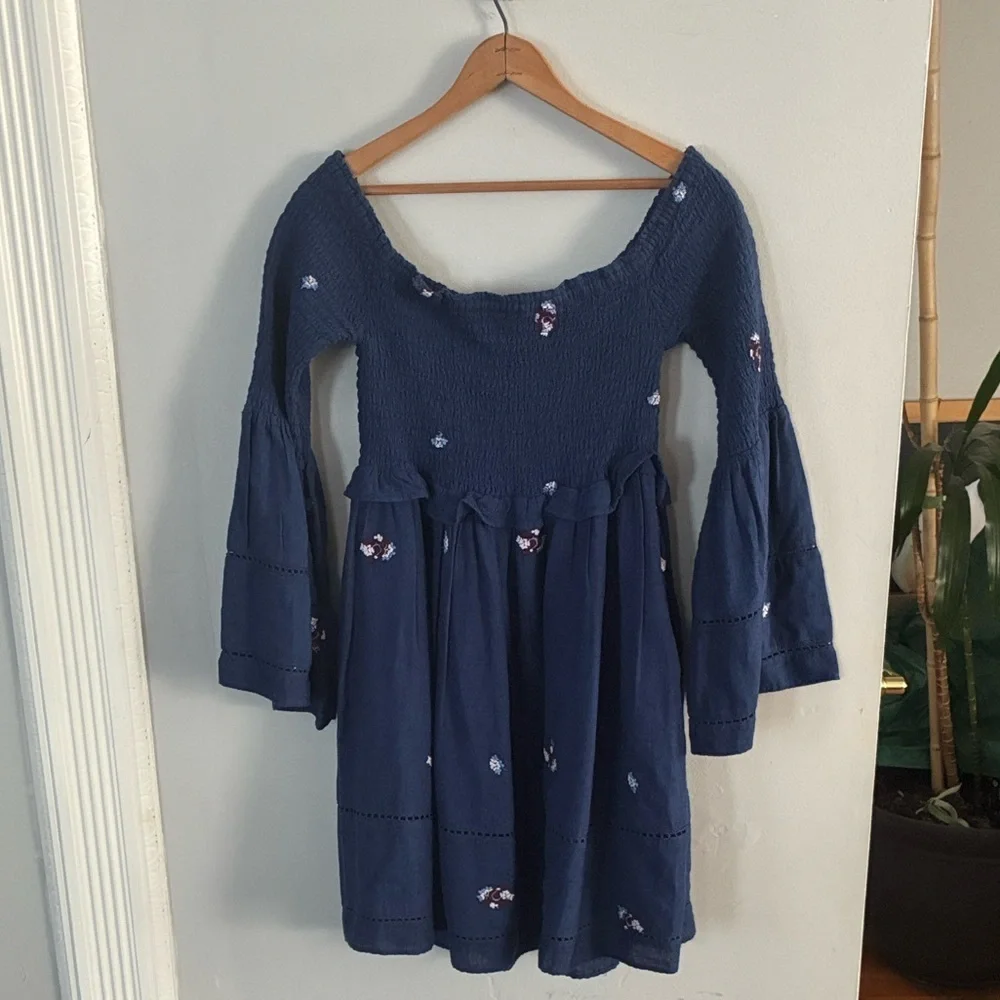 Free People Navy Blue Counting Daises Embroidered Dress Sz Medium